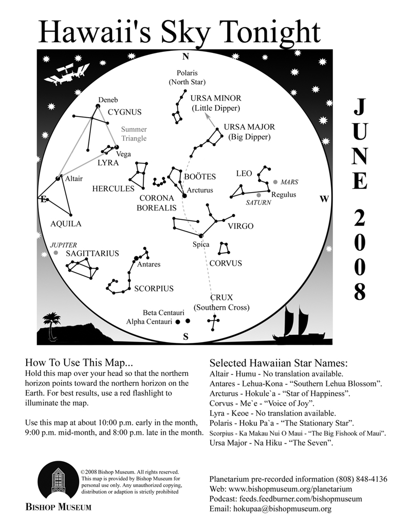 Bishop Museum Sky Map for Hawaii, June 2008