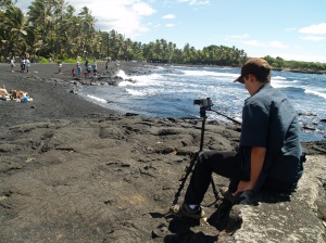 Bradford MacGowan Filming at Punalu'u Black Sand Beach, Ka'u Hawaii: Photo by Donald MacGowan