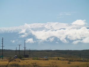 Mauna Kea From Pu'u Kohola; note observatories on the summit,almost 14,000 feet above: Photo by Donald MacGowan