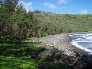 Looking Across the Black Sand Beach at Polulu Valley Towards Pololu Overlook At The End Of Highway 19: Photo by Donald B. MacGowan