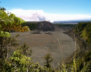 Looking Across Kilauea Iki to Halema'uma'u Eruption; The Kilauea Iki Trail Can Be Seen Etched Across the Floor of the Crater: Photo by Donald MacGowan