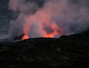 Ghostly Steam and Glow of Lava at Waikupanaha: Photo by Donald B. MacGowan