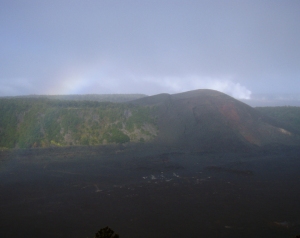Misty View of Kilauea Iki Crater and Rainbow: Photo by Donald B. MacGowan