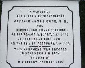 Inscription on the Captain Cook Monument, Kealakekua Bay, Hawaii: Photo by Donald B. MacGowan